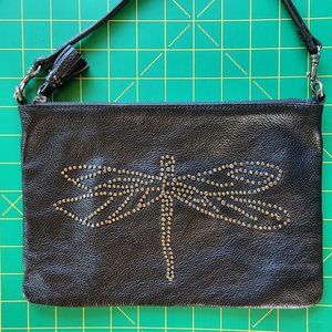 Oushka Black Leather Dragonfly Crossbody Bag